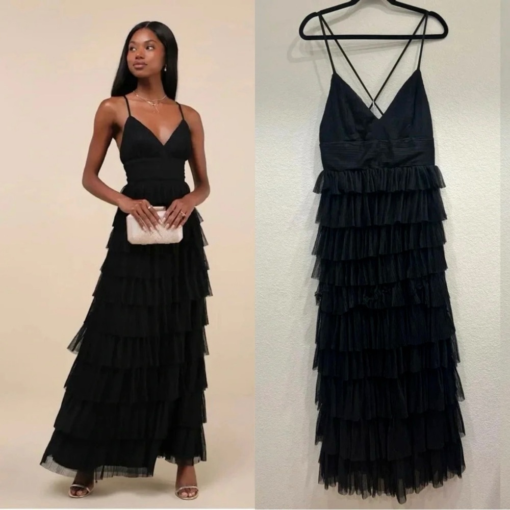 NWOT Lulus Radiant‎ Event Black Mesh Tiered Pleated Backless Maxi Dress